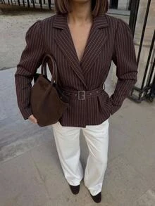 Aloruh Women's Striped Pleated Casual Commute Blazer Boho Jacket Aviator Jacket Autumn Clothes Work Outfits For Women - Coffee Brown - View 2