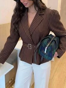 Aloruh Women's Striped Pleated Casual Commute Blazer Boho Jacket Aviator Jacket Autumn Clothes Work Outfits For Women - Coffee Brown - View 5