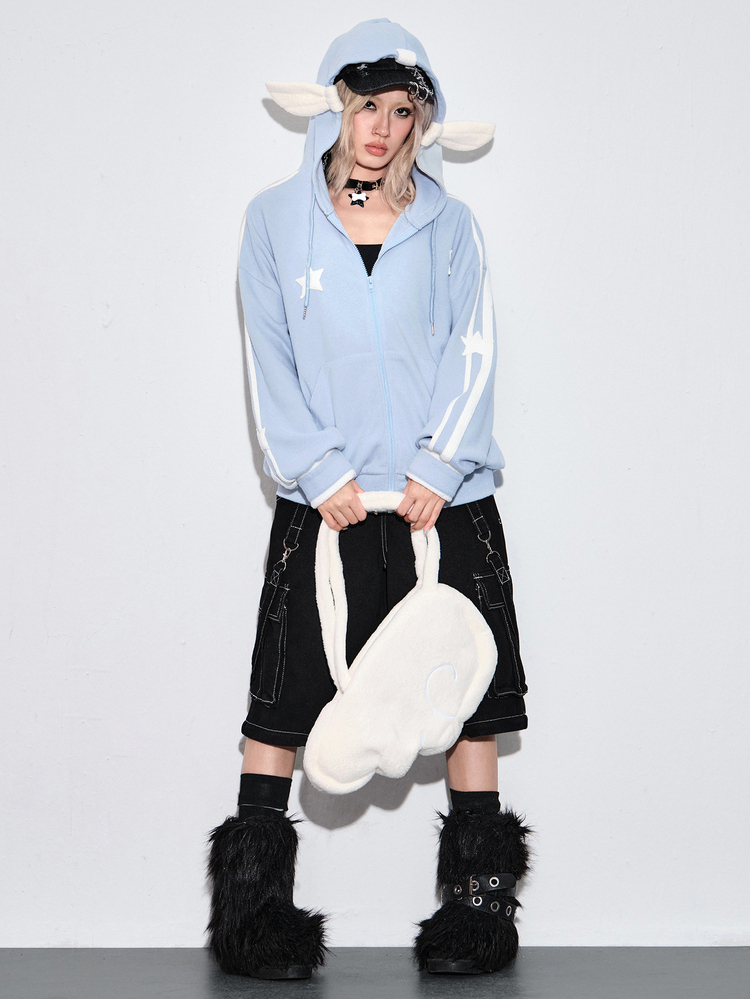 ROMWE Kawaii Y2K Retro Loose Casual Fuzzy Wing 3D Star Decor Women's Sweatshirt - Blue - View 8