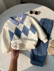 SHEIN 2pcs Kids Young Boy Autumn/Winter Casual Sweatshirt And Pants Set, Sweatshirt Set, Boys Set, Autumn/Winter Set, School Set, Argyle Set, Polo Set - Multicolor - View 8