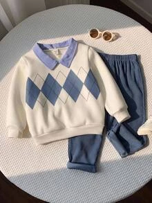 SHEIN 2pcs Kids Young Boy Autumn/Winter Casual Sweatshirt And Pants Set, Sweatshirt Set, Boys Set, Autumn/Winter Set, School Set, Argyle Set, Polo Set - Multicolor - View 4