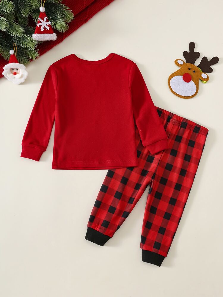 SHEIN 2pcs Baby Boy Autumn/Winter Casual Cartoon Animal Pattern Knit Crew Neck Long Sleeve Pullover Top & Plaid Long Pants Snug Fit 2 Pieces Set, Christmas Loungewear, Snug Fit Loungewear, Infant Loungewear - Multicolor - View 2