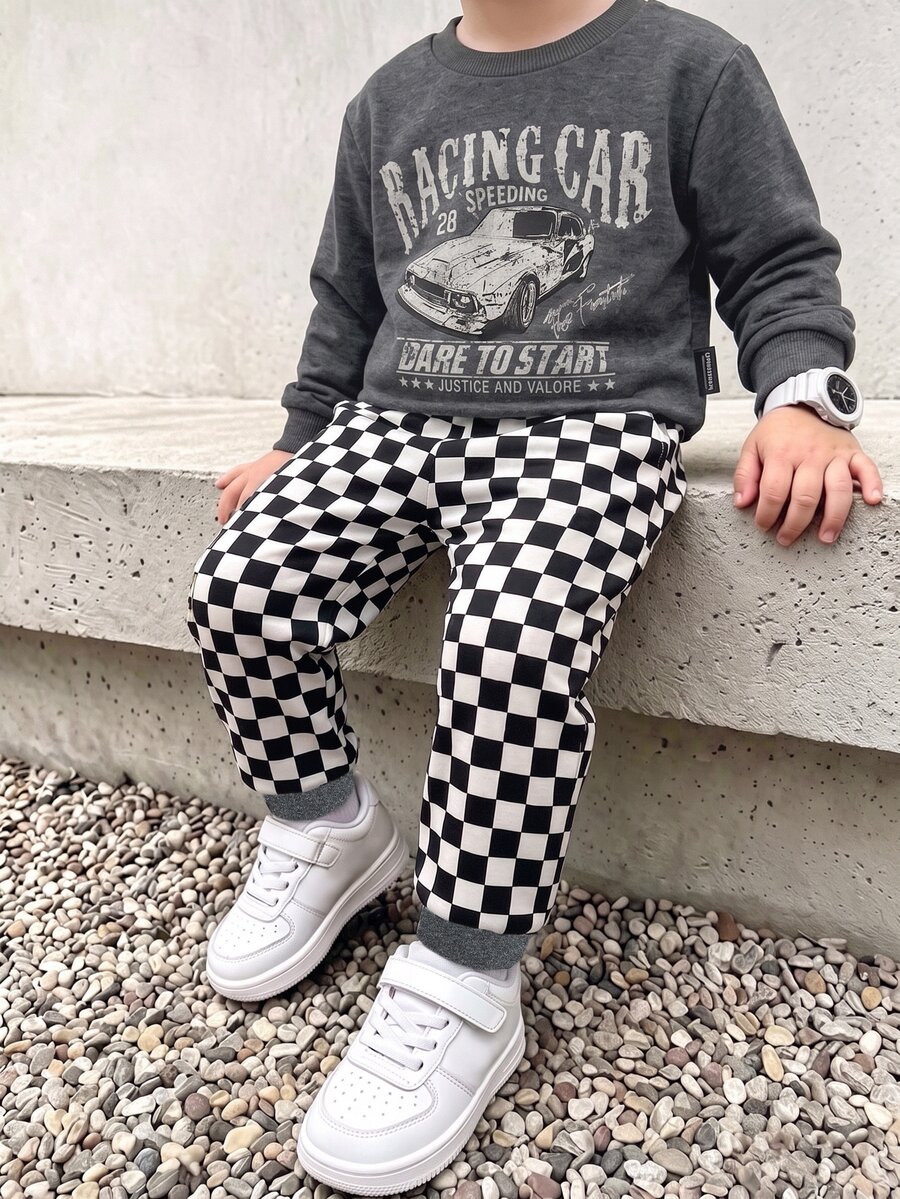 Young Boys Loose Sports Casual Comfortable Long Sleeve Sweatshirt And Pants 2 Pieces Set, Suitable For Autumn/Winter, Classic Cool Racing Car Graphic Print, Handsome Text Graphic Print, Autumn/Winter Outfit, Suitable For Daily Wear - Multicolor - View 1