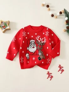 SHEIN 男嬰女嬰秋冬休閒紅色嬰兒毛衣，聖誕毛衣，新年毛衣，節日毛衣，可愛毛衣 - 彩色 - 查看 4