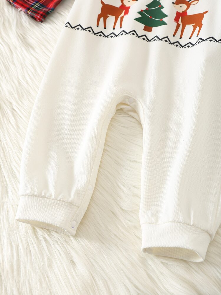 SHEIN Baby Boy Baby Girl Newborn Autumn/Winter Contrast Color Plaid Collar Turn-Down Collar Long Sleeve One-Piece Long Pants Christmas Romper Plaid Romper Infant Romper - Multicolor - View 7
