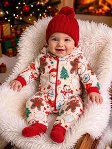 SHEIN Baby Boy Baby Girl Newborn Autumn Winter Christmas Fleece Romper Red Jumpsuit Infant One-Piece - Multicolor - View 1