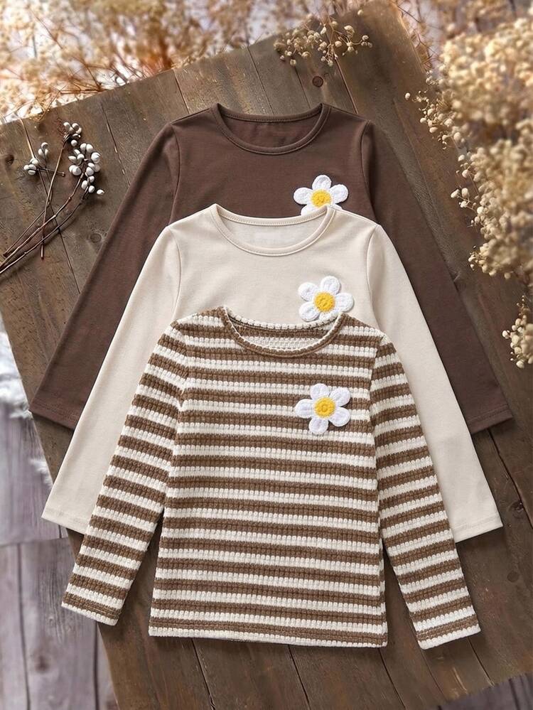 SHEIN Young Girl 3pcs Set Knitted Striped Solid Color Fitted Casual 3D Floral T-Shirt - Multicolor - View 3