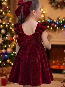 SHEIN فستان كاجوال بلون أحمر عميق موحد للفتيات الصغيرات - عنابي اللون - مشاهدة 1