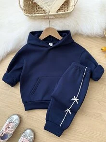 SHEIN Young Girl Young Girl Solid Color Heart Pattern Hooded Autumn Sweatshirt And Leggings Set, Outfit - Navy Blue - View 5