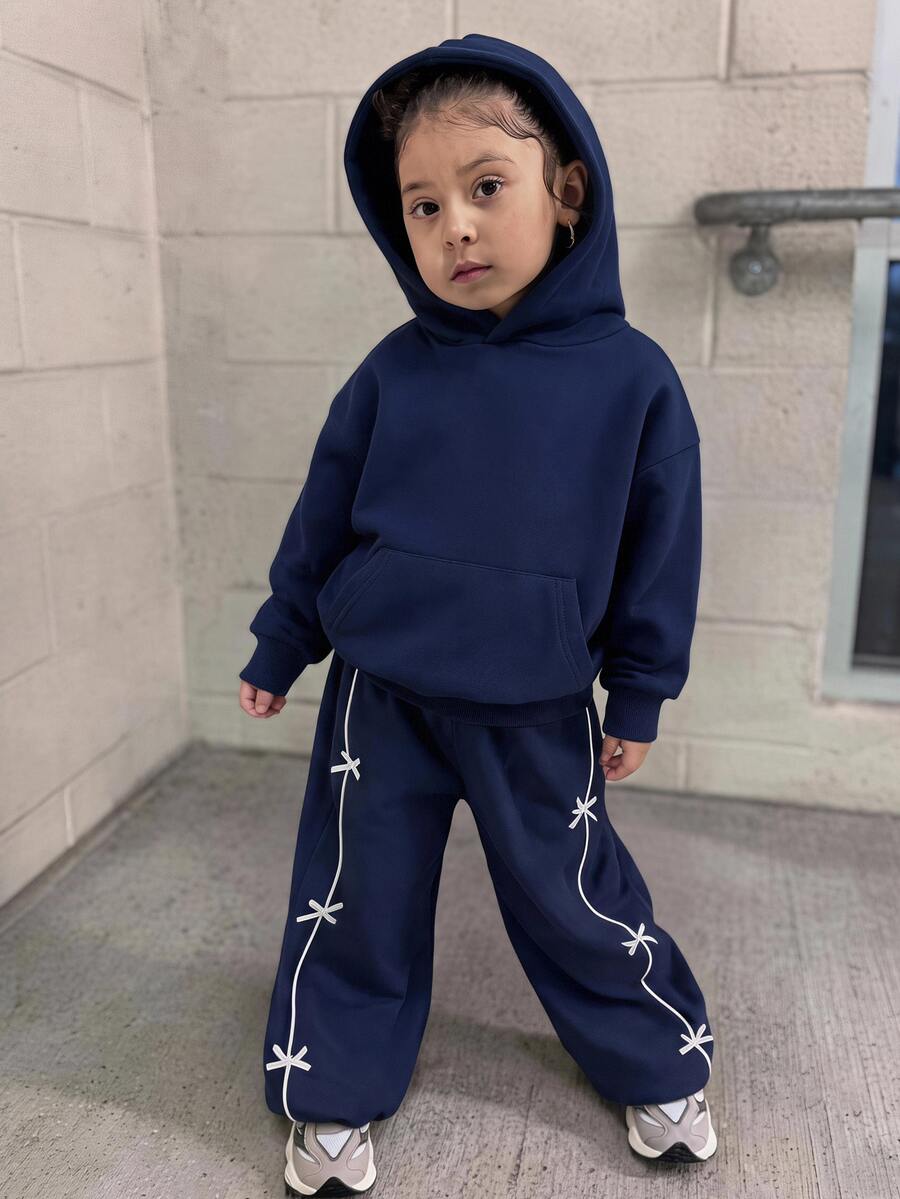 SHEIN Young Girl Young Girl Solid Color Heart Pattern Hooded Autumn Sweatshirt And Leggings Set, Outfit - Navy Blue - View 1
