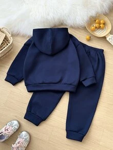SHEIN Young Girl Young Girl Solid Color Heart Pattern Hooded Autumn Sweatshirt And Leggings Set, Outfit - Navy Blue - View 4