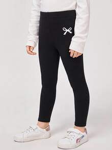 SHEIN 女童休閒基本款高腰蝴蝶結印花內搭褲 - 黑色 - 查看 1