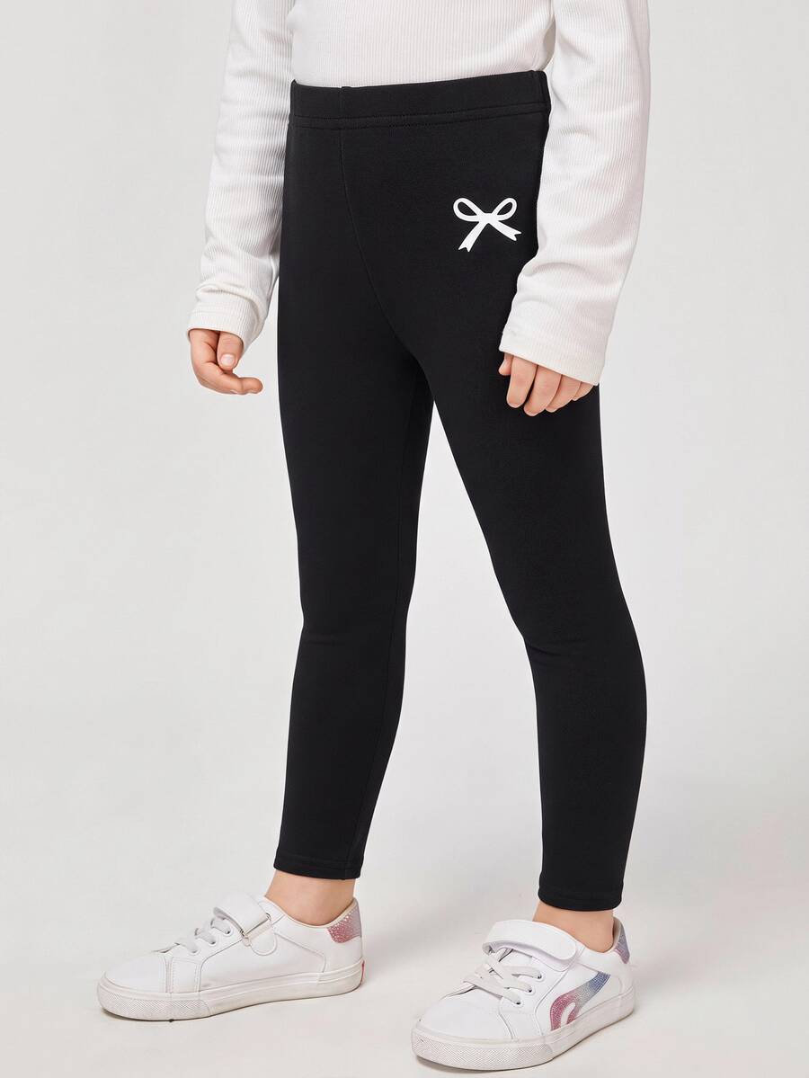 SHEIN 女童休閒基本款高腰蝴蝶結印花內搭褲 - 黑色 - 查看 1