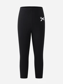 SHEIN 女童休閒基本款高腰蝴蝶結印花內搭褲 - 黑色 - 查看 3