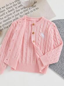 SHEIN Young Girl Young Girls Cardigans Knit Solid Color Autumn/Winter Fitted Round Neck Open Front Sweater - Pink - View 3