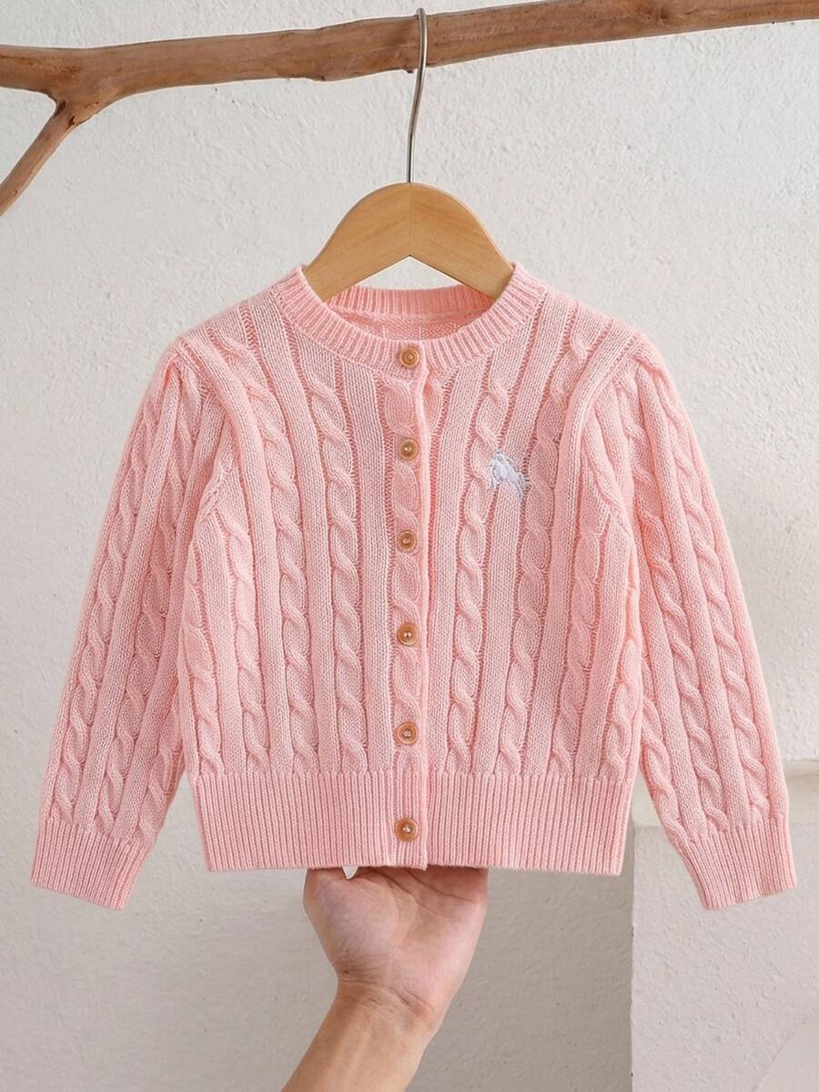 SHEIN Young Girl Young Girls Cardigans Knit Solid Color Autumn/Winter Fitted Round Neck Open Front Sweater - Pink - View 1