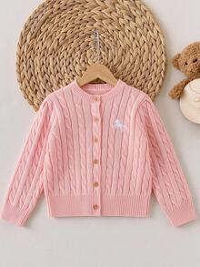 SHEIN Young Girl Young Girls Cardigans Knit Solid Color Autumn/Winter Fitted Round Neck Open Front Sweater - Pink - View 4