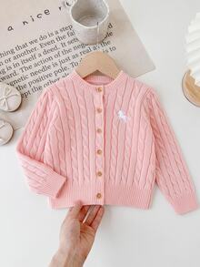 SHEIN Young Girl Young Girls Cardigans Knit Solid Color Autumn/Winter Fitted Round Neck Open Front Sweater - Pink - View 5