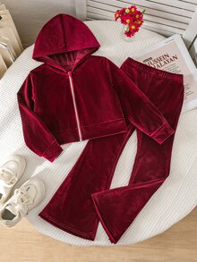 SHEIN 2件組少女優雅時尚舒適派對街頭風粉色天鵝絨毛絨寬鬆連帽衛衣套裝 - 酒紅色 - 查看 3