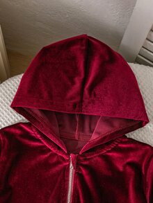 SHEIN 2件組少女優雅時尚舒適派對街頭風粉色天鵝絨毛絨寬鬆連帽衛衣套裝 - 酒紅色 - 查看 6
