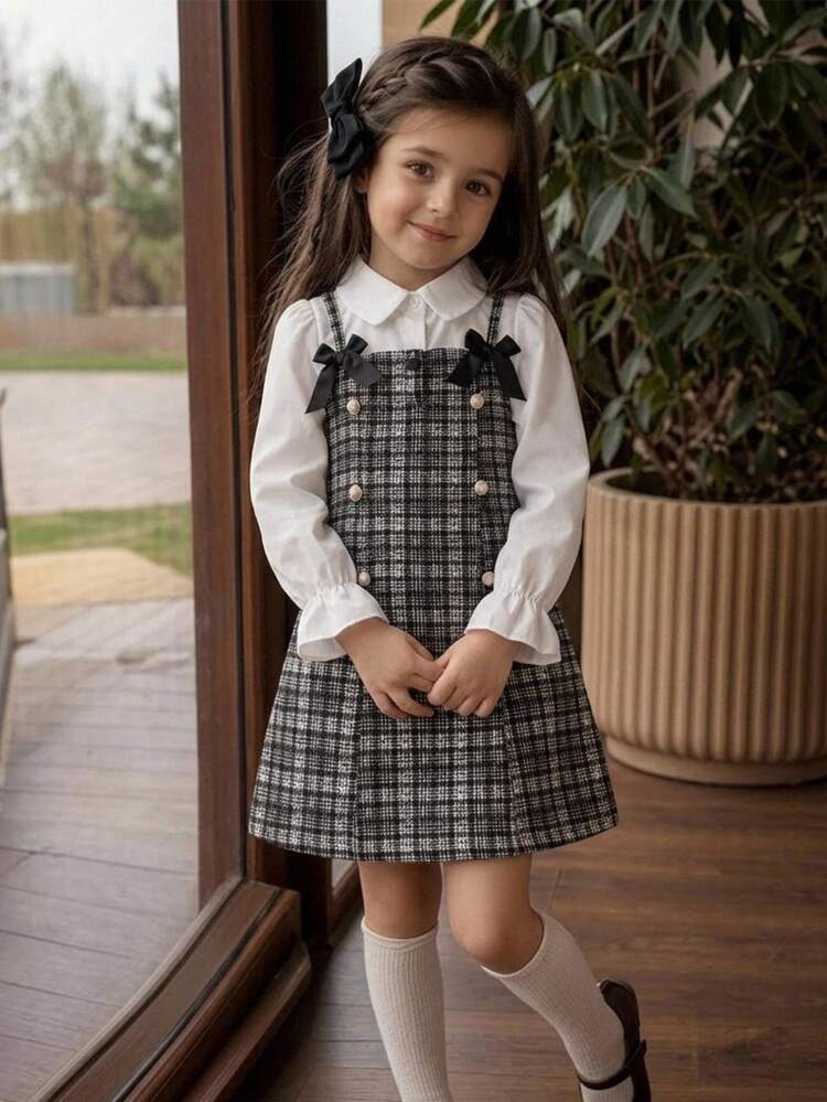 SHEIN Young Girl 2-In-1 Long Sleeve Dress, Ruffle Cuff Design, Shoulder Straps With Delicate Black Bows, Double-Row Pearl Decorative Buttons, Suitable For School, Birthday Party And Other Occasions - Black and White - View 4