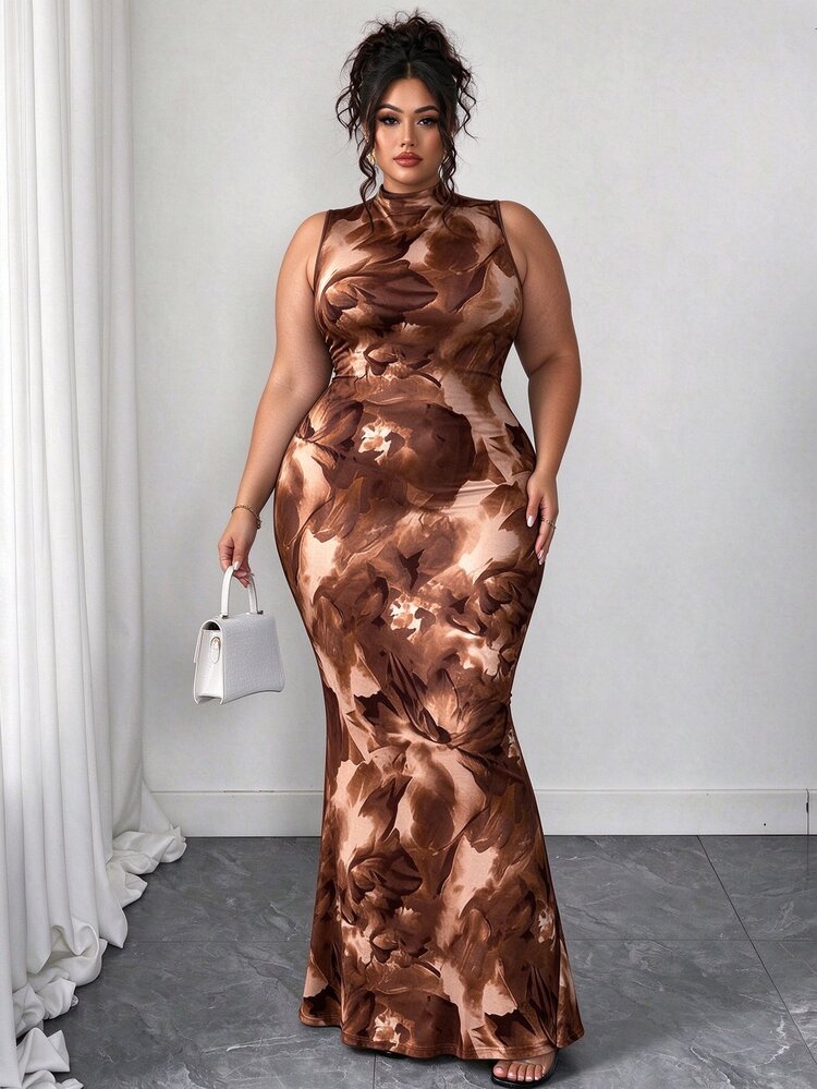 Elenzga Plus Size New Floral Print High Neck Sleeveless Dress, High Waist Elegant Midi, French Chic Ruffle Hem Knit Long Dress, Tie Dye, Autumn, Elegant, - Brown - View 1