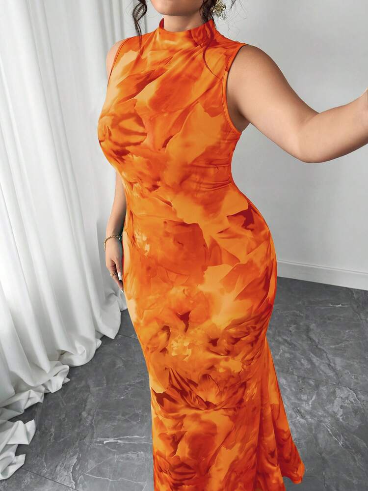 Elenzga 2025 New Orange Floral Print High Neck Sleeveless Dress,High Waist Elegant Party Midi Dress,French Chic Ruffle Hem Summer Vacation Style - Orange - View 8