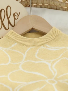 SHEIN Baby Girls Autumn & Winter Floral Jacquard Knitted Sweater Set, White & Yellow Line Drawing Flower Petal Hem, Soft & Comfortable, Suitable For School & Vacation - Multicolor - View 6