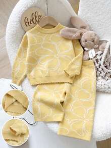 SHEIN Baby Girls Autumn & Winter Floral Jacquard Knitted Sweater Set, White & Yellow Line Drawing Flower Petal Hem, Soft & Comfortable, Suitable For School & Vacation - Multicolor - View 3