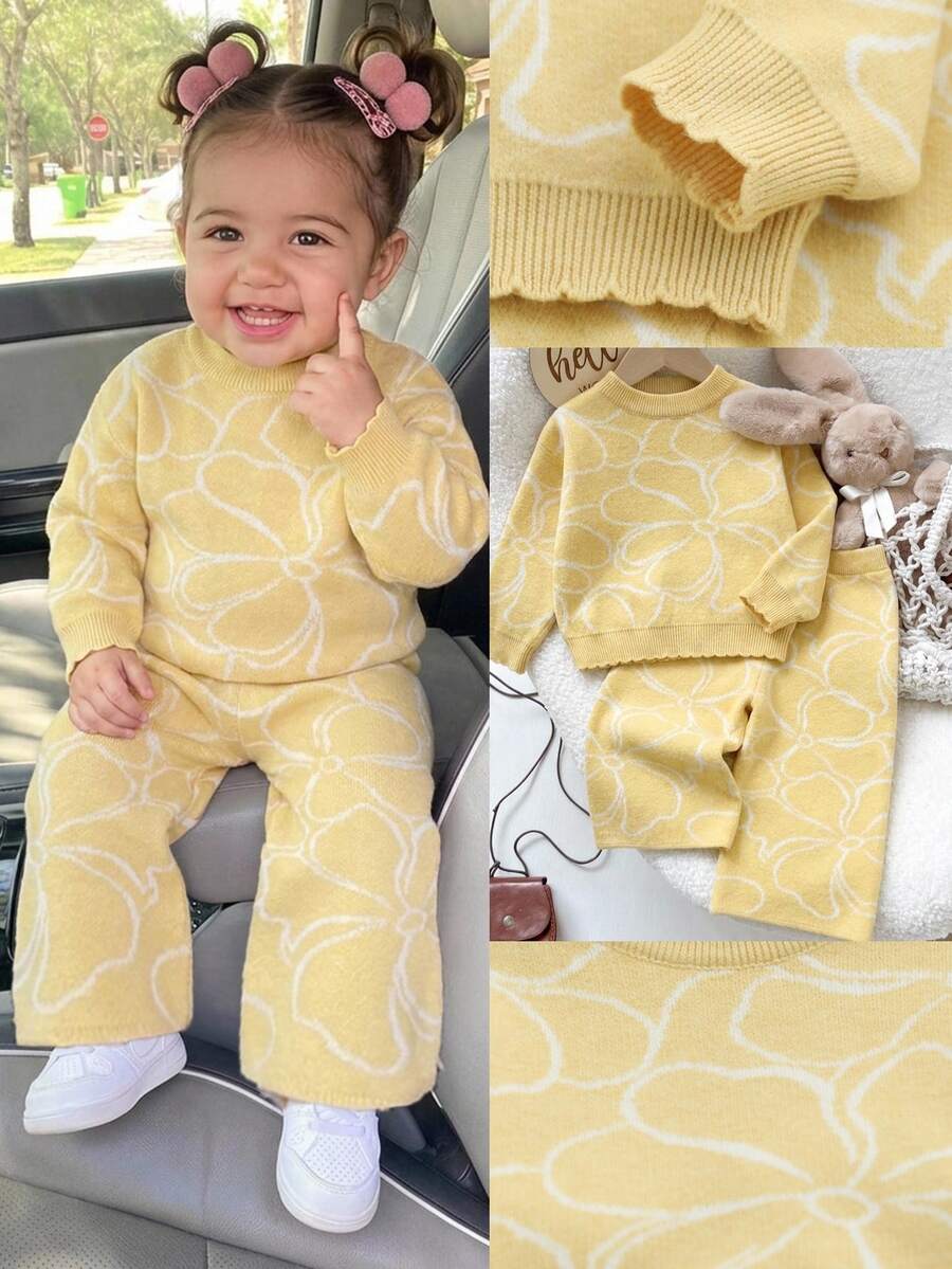 SHEIN Baby Girls Autumn & Winter Floral Jacquard Knitted Sweater Set, White & Yellow Line Drawing Flower Petal Hem, Soft & Comfortable, Suitable For School & Vacation - Multicolor - View 1
