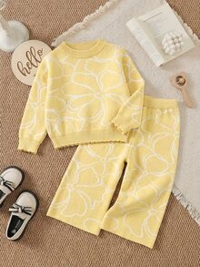 SHEIN Baby Girls Autumn & Winter Floral Jacquard Knitted Sweater Set, White & Yellow Line Drawing Flower Petal Hem, Soft & Comfortable, Suitable For School & Vacation - Multicolor - View 11