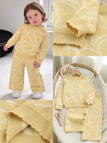SHEIN Baby Girls Autumn & Winter Floral Jacquard Knitted Sweater Set, White & Yellow Line Drawing Flower Petal Hem, Soft & Comfortable, Suitable For School & Vacation - Multicolor - View 4