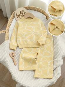 SHEIN Baby Girls Autumn & Winter Floral Jacquard Knitted Sweater Set, White & Yellow Line Drawing Flower Petal Hem, Soft & Comfortable, Suitable For School & Vacation - Multicolor - View 2