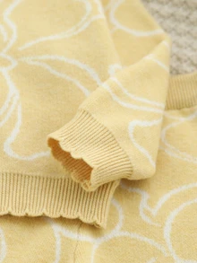 SHEIN Baby Girls Autumn & Winter Floral Jacquard Knitted Sweater Set, White & Yellow Line Drawing Flower Petal Hem, Soft & Comfortable, Suitable For School & Vacation - Multicolor - View 8