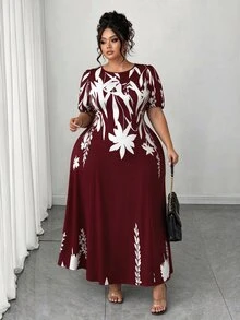 Elenzga Plus Size Women Elegant A-Line Waist Cinched Midi Dress, Flattering For Everyday & Commute - Burgundy - View 10