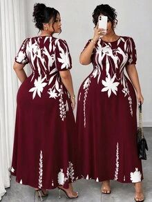 Elenzga Plus Size Women Elegant A-Line Waist Cinched Midi Dress, Flattering For Everyday & Commute - Burgundy - View 11