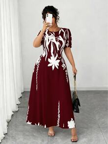 Elenzga Plus Size Women Elegant A-Line Waist Cinched Midi Dress, Flattering For Everyday & Commute - Burgundy - View 5
