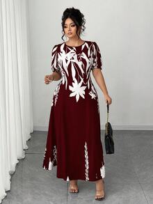Elenzga Plus Size Women Elegant A-Line Waist Cinched Midi Dress, Flattering For Everyday & Commute - Burgundy - View 6