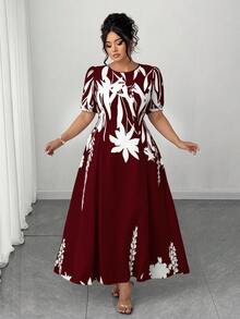 Elenzga Plus Size Women Elegant A-Line Waist Cinched Midi Dress, Flattering For Everyday & Commute - Burgundy - View 9