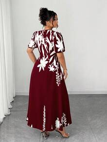 Elenzga Plus Size Women Elegant A-Line Waist Cinched Midi Dress, Flattering For Everyday & Commute - Burgundy - View 4