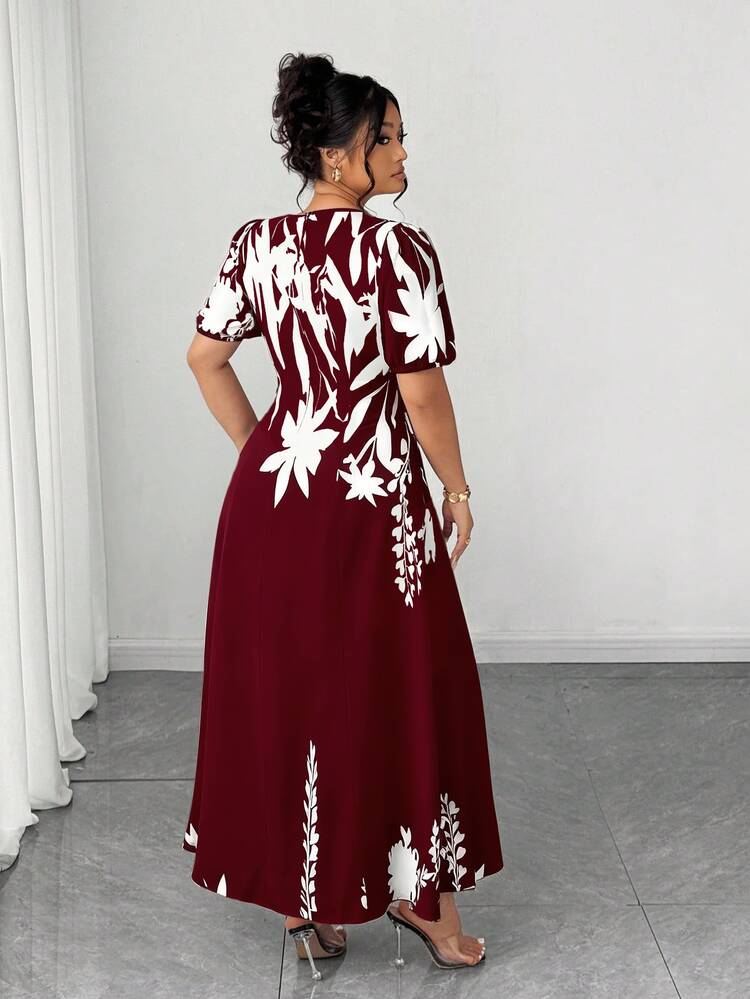 Elenzga Plus Size Women Elegant A-Line Waist Cinched Midi Dress, Flattering For Everyday & Commute - Burgundy - View 4