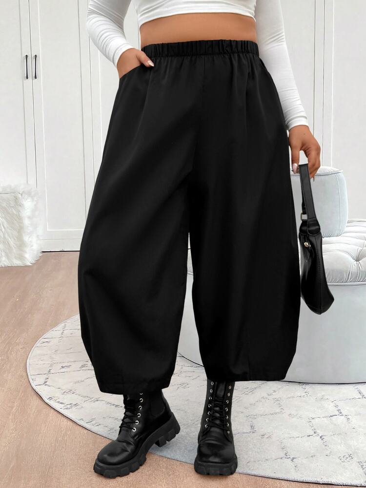 Elenzga Plus Size Women Vintage Baggy Harem Pants, Carrot Pants, Wide Leg Trousers, French Style Petite Balloon Pants, Straight Leg Casual Pants, Black - Black - View 4