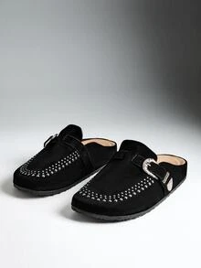 Denimoi Women's Casual Stylish Studded Slip-On Clogs With Adjustable Buckles - Black - View 4