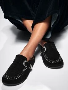 Denimoi Women's Casual Stylish Studded Slip-On Clogs With Adjustable Buckles - Black - View 2