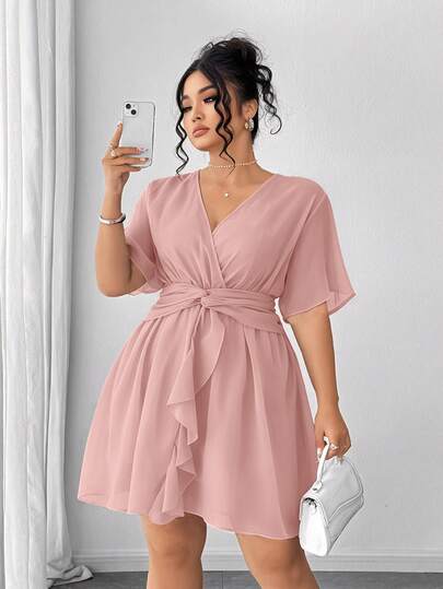 Elenzga Plus Size Dusty Pink Chiffon Dress,Summer Elegant Wedding Ninang Deep V-Neck Ruffle Sleeve Cross Tie Twist Knot Waist Cinched French Style Dress