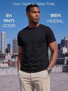 TekDrob Anti-Odor Modal T-Shirt With Crew-Neck And Rolled Tacked Cuffs - Black - View 3