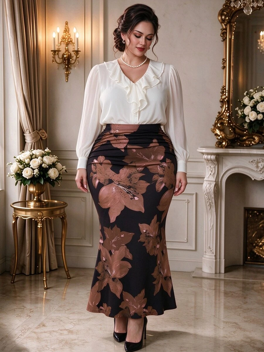 Rometta 花卉印花弹力紧身鱼尾裙,新款法式优雅百搭女裙,设计感成熟风紧身鱼尾裙 - 棕色 - 查看 1