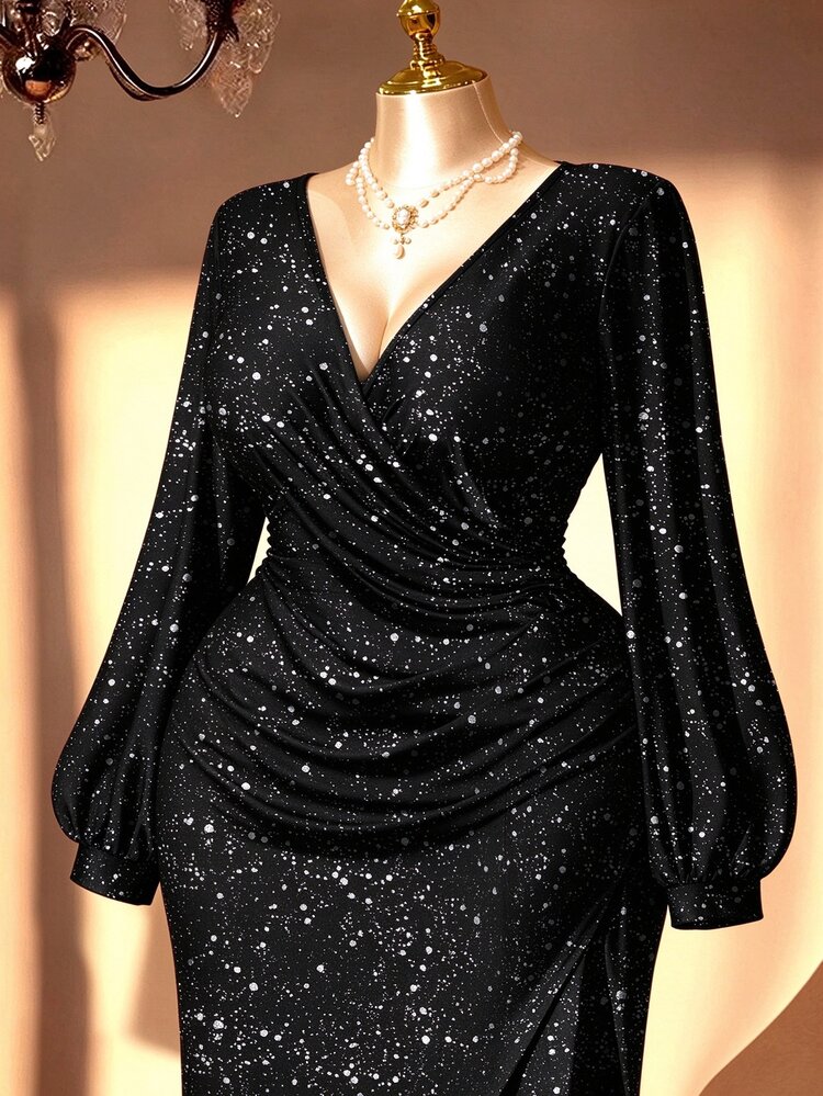 Rometta Autumn/Winter Plus Size Shiny Wrap V-Neck Lantern Sleeve Ruched Asymmetrical Hem Party Midi Dress Halloween Fall - Black - View 7