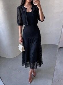 NOVVYNE 女款網紗鏤空兩件式洋裝套裝，短袖短版開襟衫與修身細肩帶洋裝，優雅秋季約會之夜與晚宴穿搭 - 藏蓝色 - 查看 1