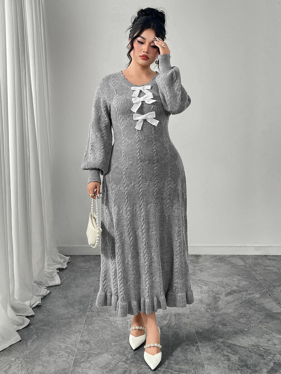 Modelyn Plus Size Women Elegant Bowknot Round Neck Long Sleeve Sweater Dress Fairycore Plus Size European Style - Grey - View 1